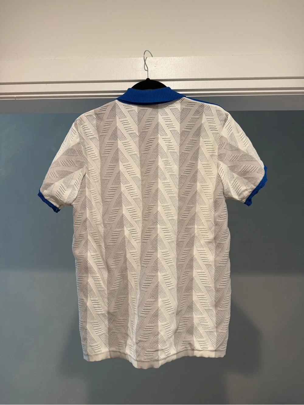 adidas White Grey Striped Knit Polo Jersey Top with Blue Rib Trim